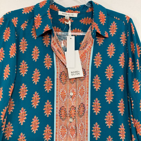New Rose & Olive Large Blue Orange Boho Print Soft Flowy Long Sleeve Button Up - Picture 4 of 12